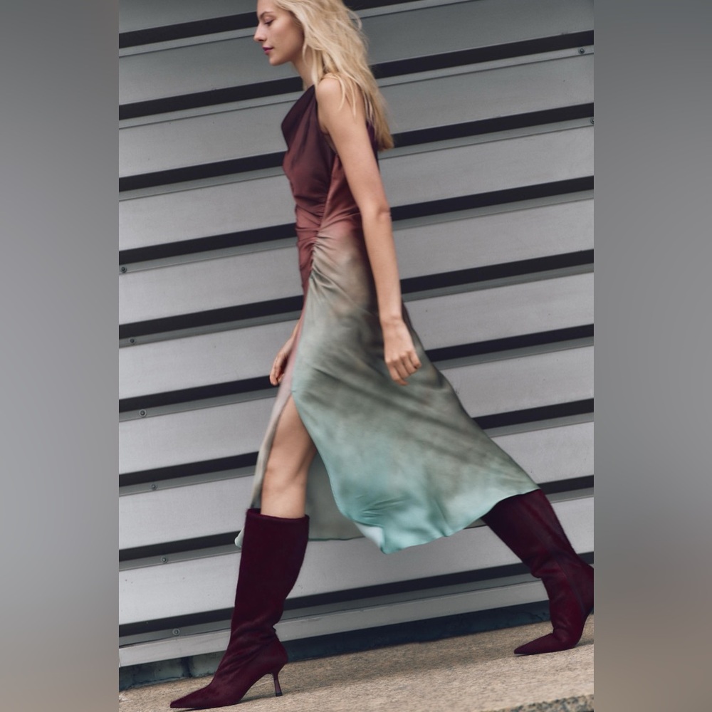 Zara dress midi satin tie dye fitted bodycon casual evening wedding cowl neck - Picture 10 of 13